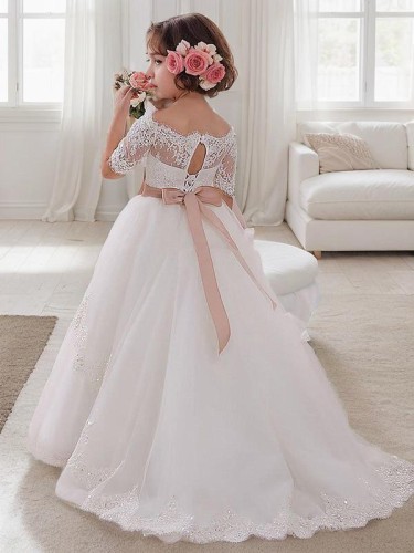 Ball-Gown Princess Off-the-Shoulder Short Sleeves Angelic Sweep Train Tulle Flower Girl Dress With Sash