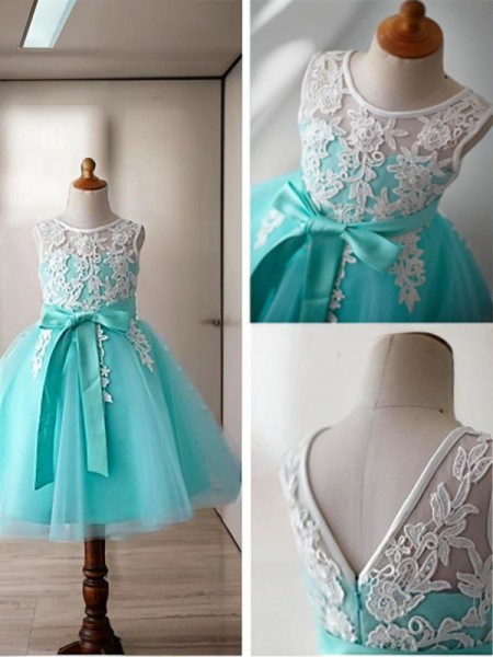 Ball-Gown Princess Scoop Sleeveless Knee-Length Lovely Tulle Flower Girl Dress With Bowknot