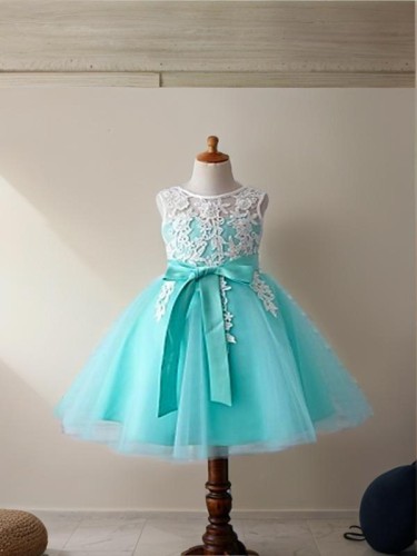 Ball-Gown Princess Scoop Sleeveless Knee-Length Lovely Tulle Flower Girl Dress With Bowknot