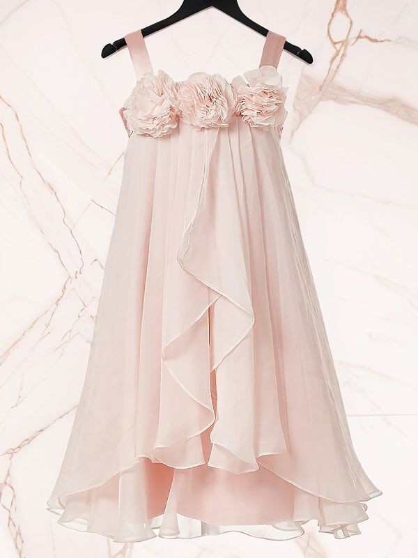 Dainty A-line Straps Sleeveless Tea-Length Chiffon Flower Girl Dress With Hand-Made Flower