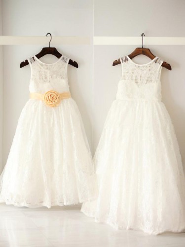 A-line Scoop Sleeveless Ankle-Length Dainty Lace Flower Girl Dress With Sash