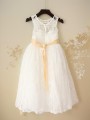 A-line Scoop Sleeveless Ankle-Length Dainty Lace Flower Girl Dress With Sash