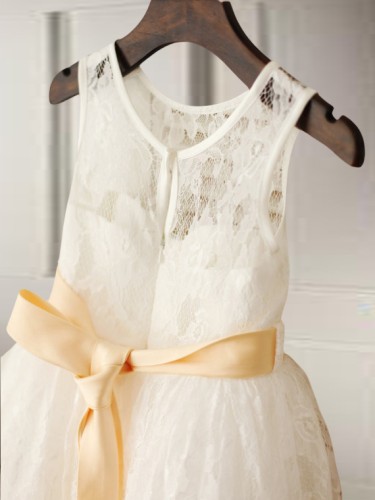 A-line Scoop Sleeveless Ankle-Length Dainty Lace Flower Girl Dress With Sash