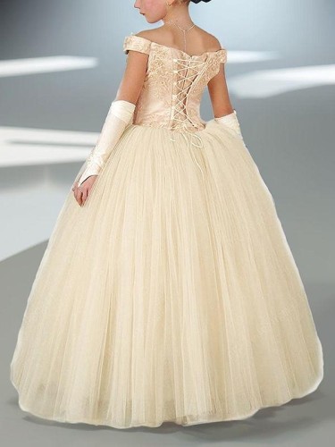 Ball-Gown Princess Off-the-Shoulder Sleeveless Floor-Length Tulle Enchanting Flower Girl Dress With Applique