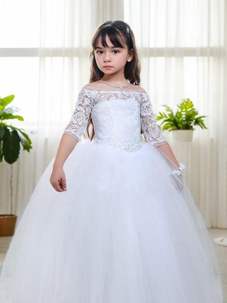 Graceful Ball-Gown Princess Off-the-Shoulder 1/2 Sleeves Floor-Length Tulle Flower Girl Dress With Lace