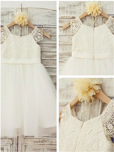 A-line Princess Fairy-tale Scoop Sleeveless Knee-Length Tulle Flower Girl Dress With Lace