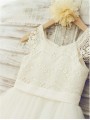 A-line Princess Fairy-tale Scoop Sleeveless Knee-Length Tulle Flower Girl Dress With Lace