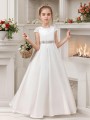 A-line Scoop Whimsical Short Sleeves Sweep Train Satin Flower Girl Dress