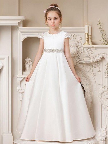 A-line Scoop Whimsical Short Sleeves Sweep Train Satin Flower Girl Dress