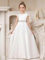 A-line Scoop Whimsical Short Sleeves Sweep Train Satin Flower Girl Dress