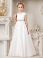 A-line Scoop Whimsical Short Sleeves Sweep Train Satin Flower Girl Dress