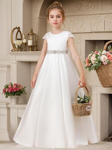 A-line Scoop Whimsical Short Sleeves Sweep Train Satin Flower Girl Dress