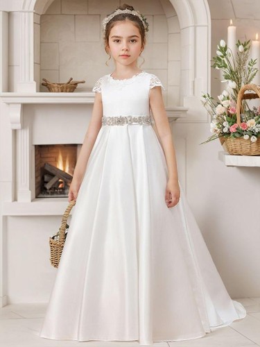 A-line Scoop Whimsical Short Sleeves Sweep Train Satin Flower Girl Dress