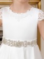 A-line Scoop Whimsical Short Sleeves Sweep Train Satin Flower Girl Dress