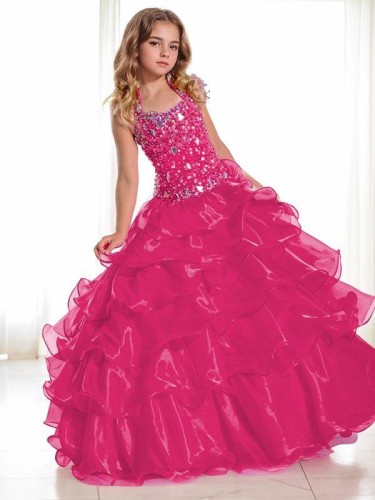 Ball-Gown Halter Sleeveless Precious Floor-Length Organza Flower Girl Dress With Rhinestone