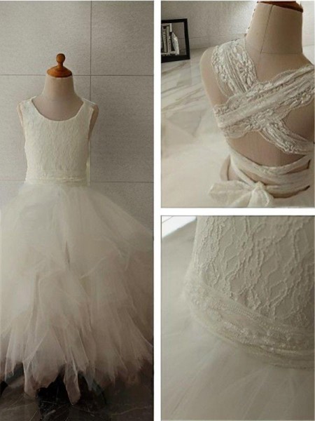 Ball-Gown Princess Scoop Sleeveless Ankle-Length Celebratory Tulle Flower Girl Dress With Lace