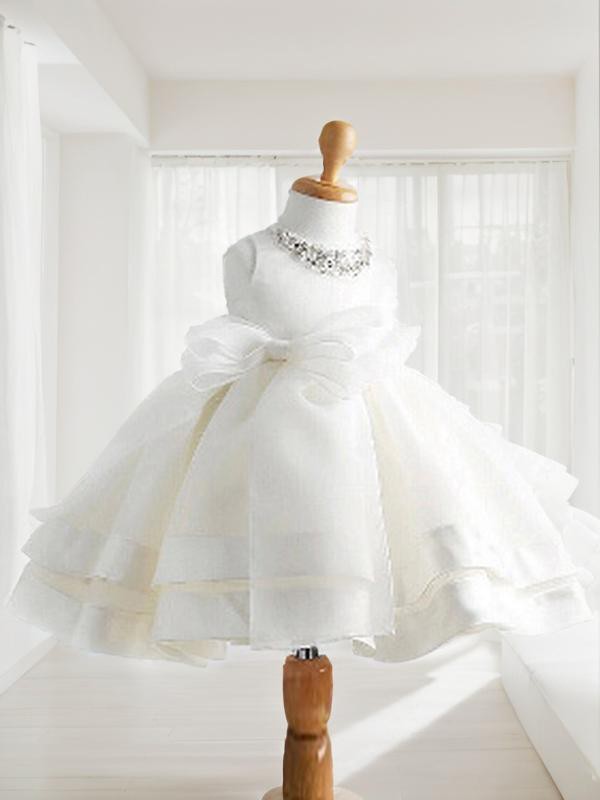 Ball-Gown Jewel Sleeveless Tea-Length Petite Satin Flower Girl Dress With Bowknot