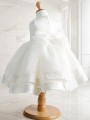 Ball-Gown Jewel Sleeveless Tea-Length Petite Satin Flower Girl Dress With Bowknot