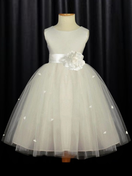 A-line Princess Scoop Sleeveless Ankle-Length Tulle Playful Flower Girl Dress With Hand-Made Flower