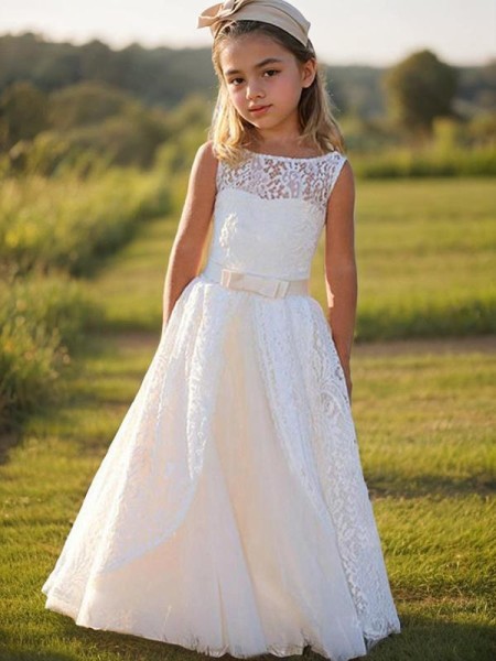 Joyful A-line Scoop Sleeveless Floor-Length Lace Flower Girl Dress With Sash