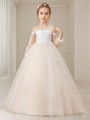 Ball-Gown Princess Scoop Long Sleeves Celebratory Sweep Train Tulle Flower Girl Dress