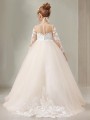 Ball-Gown Princess Scoop Long Sleeves Celebratory Sweep Train Tulle Flower Girl Dress