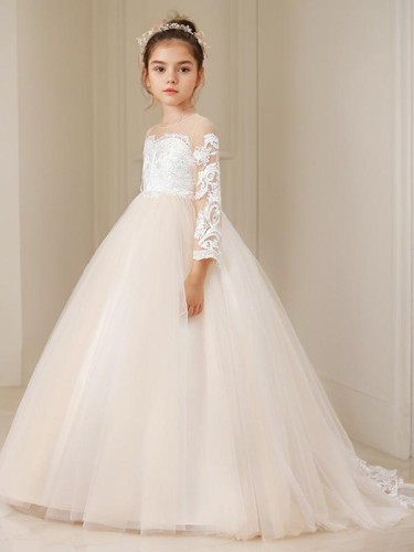 Ball-Gown Princess Scoop Long Sleeves Celebratory Sweep Train Tulle Flower Girl Dress