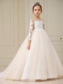 Ball-Gown Princess Scoop Long Sleeves Celebratory Sweep Train Tulle Flower Girl Dress