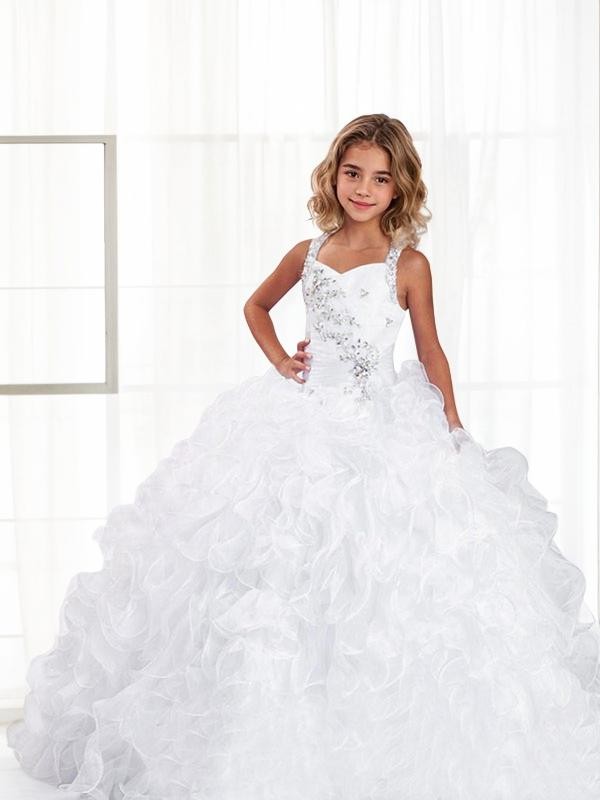 Ball-Gown Straps Graceful Sleeveless Floor-Length Organza Flower Girl Dress With Beading