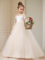 Ball-Gown Princess Scoop Long Sleeves Celebratory Sweep Train Tulle Flower Girl Dress