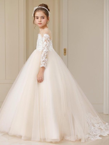 Ball-Gown Princess Scoop Long Sleeves Celebratory Sweep Train Tulle Flower Girl Dress