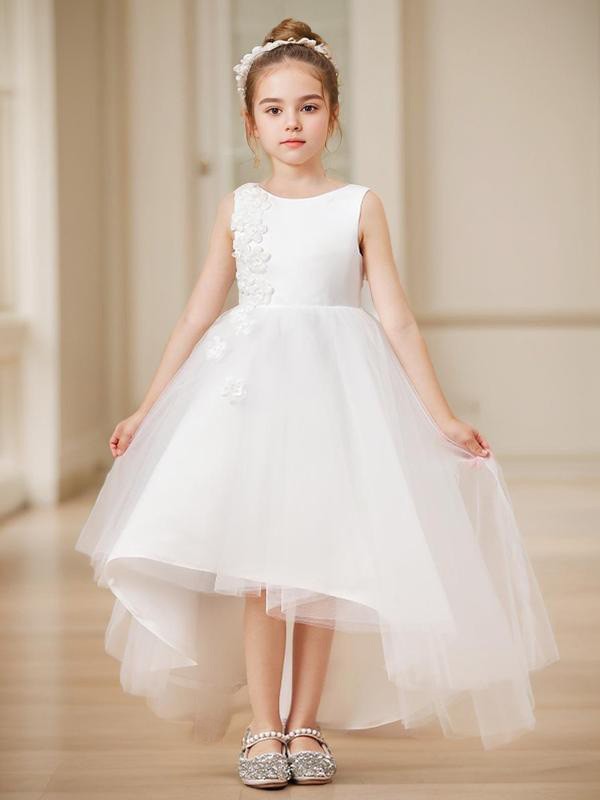 A-line Princess Scoop Sleeveless Asymmetrical Adorable Tulle Flower Girl Dress