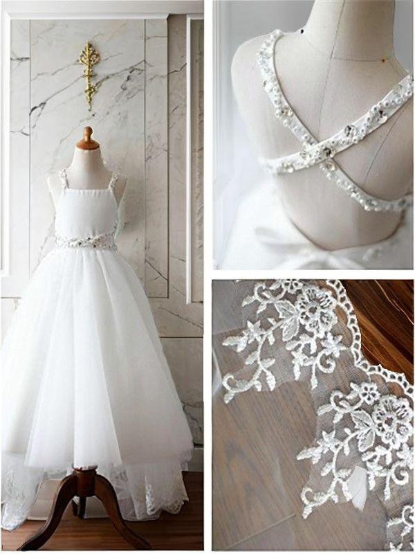 A-line Princess Spaghetti Straps Sleeveless Sweep Train Charming Tulle Flower Girl Dress With Beading