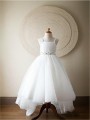 A-line Princess Spaghetti Straps Sleeveless Sweep Train Charming Tulle Flower Girl Dress With Beading