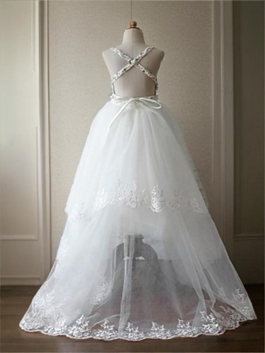 A-line Princess Spaghetti Straps Sleeveless Sweep Train Charming Tulle Flower Girl Dress With Beading