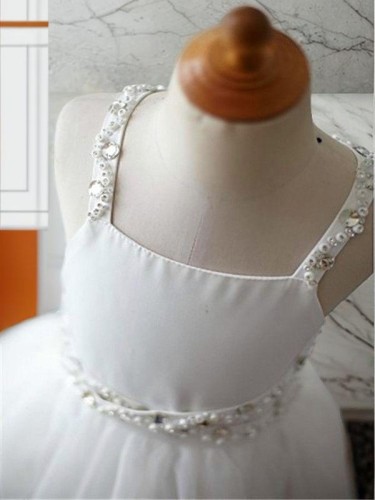 A-line Princess Spaghetti Straps Sleeveless Sweep Train Charming Tulle Flower Girl Dress With Beading