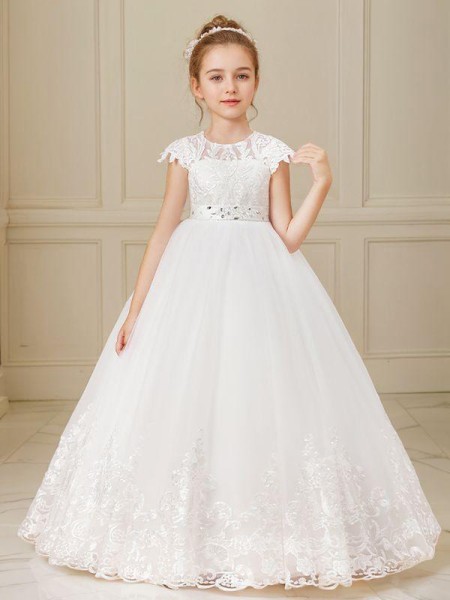 Ball-Gown Princess Scoop Short Sleeves Ankle-Length Tulle Delightful Flower Girl Dress