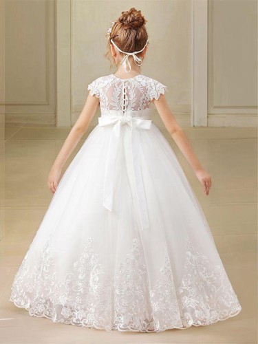 Ball-Gown Princess Scoop Short Sleeves Ankle-Length Tulle Delightful Flower Girl Dress