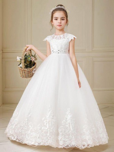 Ball-Gown Princess Scoop Short Sleeves Ankle-Length Tulle Delightful Flower Girl Dress