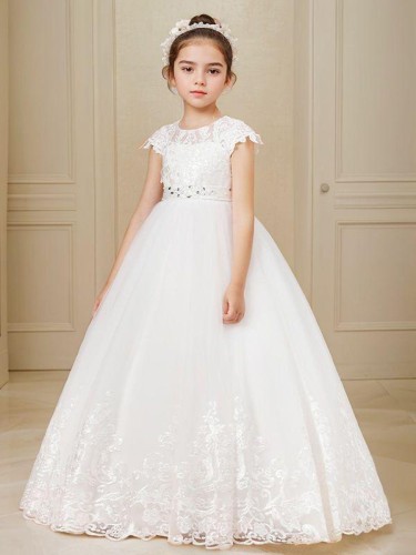 Ball-Gown Princess Scoop Short Sleeves Ankle-Length Tulle Delightful Flower Girl Dress