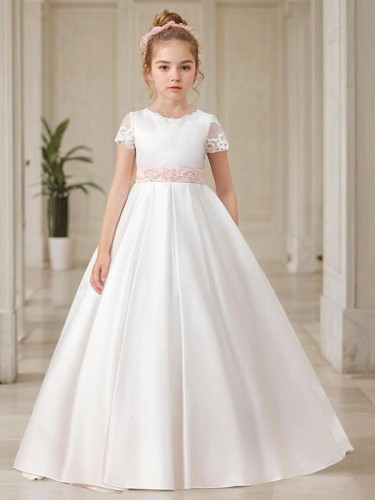 Sweet Ball-Gown Scoop Short Sleeves Sweep Train Satin Flower Girl Dress