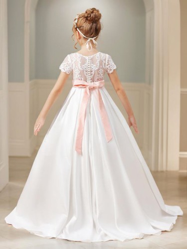 Sweet Ball-Gown Scoop Short Sleeves Sweep Train Satin Flower Girl Dress