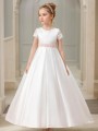 Sweet Ball-Gown Scoop Short Sleeves Sweep Train Satin Flower Girl Dress