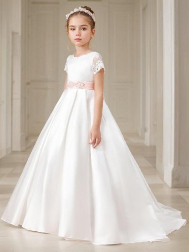 Sweet Ball-Gown Scoop Short Sleeves Sweep Train Satin Flower Girl Dress