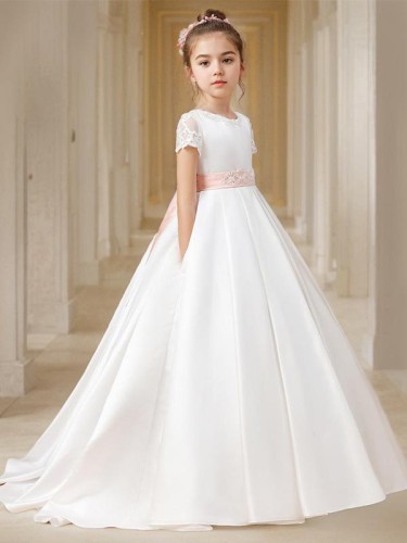 Sweet Ball-Gown Scoop Short Sleeves Sweep Train Satin Flower Girl Dress