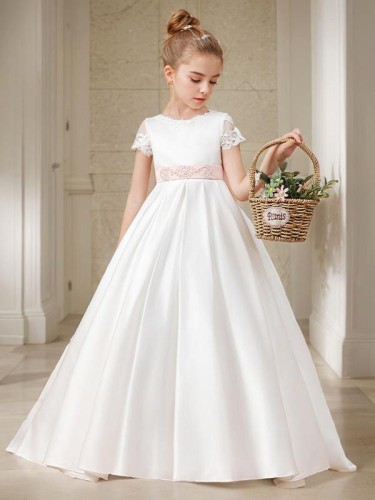 Sweet Ball-Gown Scoop Short Sleeves Sweep Train Satin Flower Girl Dress