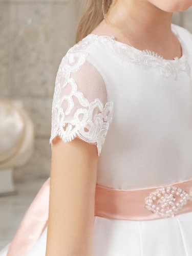 Sweet Ball-Gown Scoop Short Sleeves Sweep Train Satin Flower Girl Dress