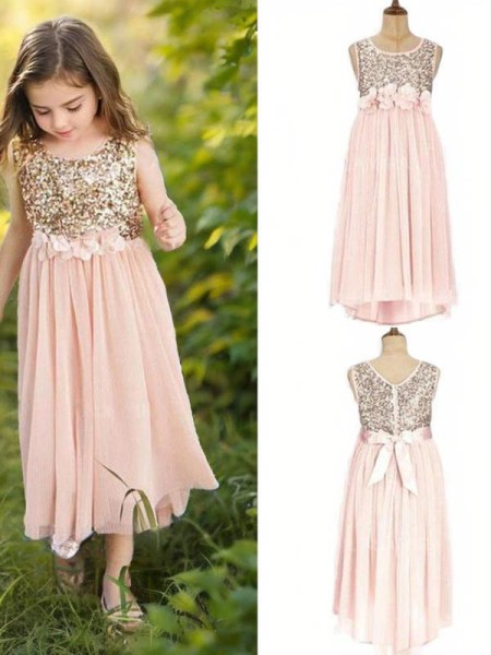 A-line Innocent Scoop Sleeveless Asymmetrical Chiffon Flower Girl Dress With Sequins