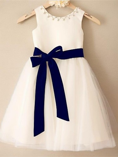 A-line Princess Scoop Angelic Sleeveless Tea-Length Tulle Flower Girl Dress With Bowknot