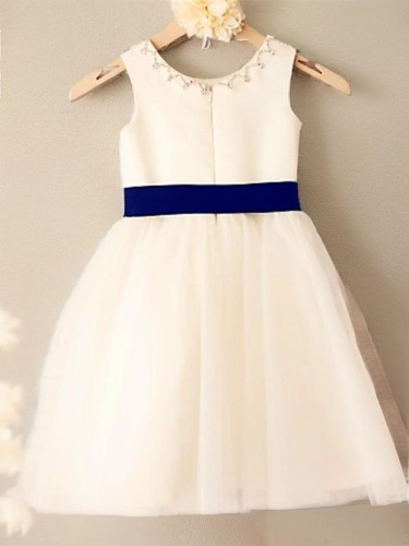 A-line Princess Scoop Angelic Sleeveless Tea-Length Tulle Flower Girl Dress With Bowknot